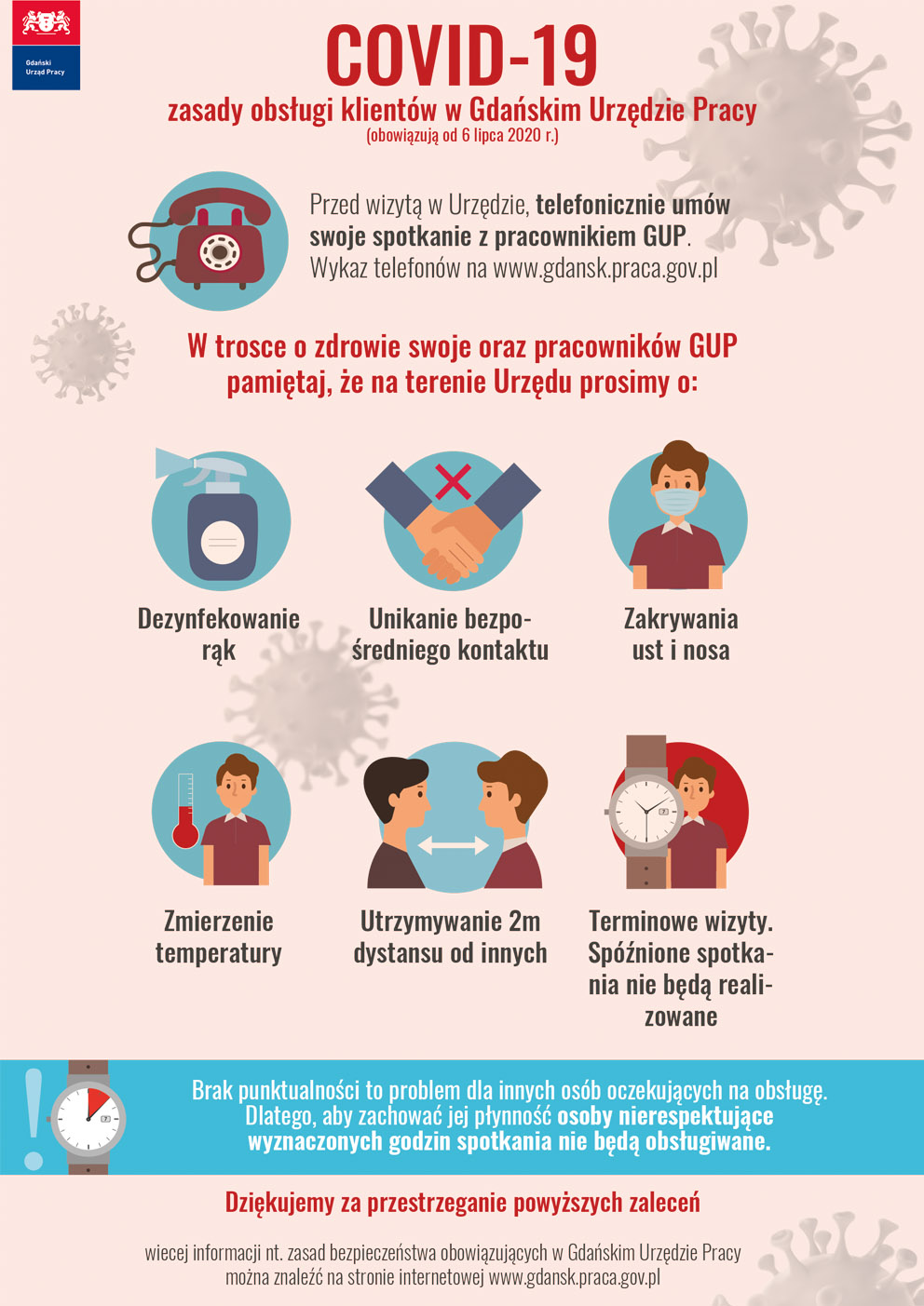 Na zdjęciu graficzne przedstawienie zasad obowiązujących w GUP w związku z COVID19., m.in. konieczność noszenia maseczki, dezynfekcja dłoni i utrzymywanie dystansu społecznego