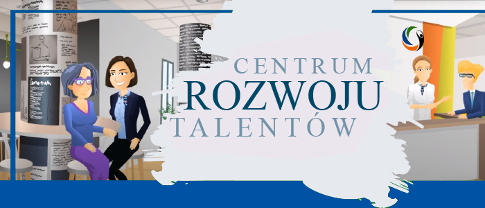 Na zdjęciu graficzne przedstawienie pracowników Centrum Rozwoju Talentów rozmawiających z klientami wewnątrz CRT, pośrodku napis Centrum Rozwoju Talentów