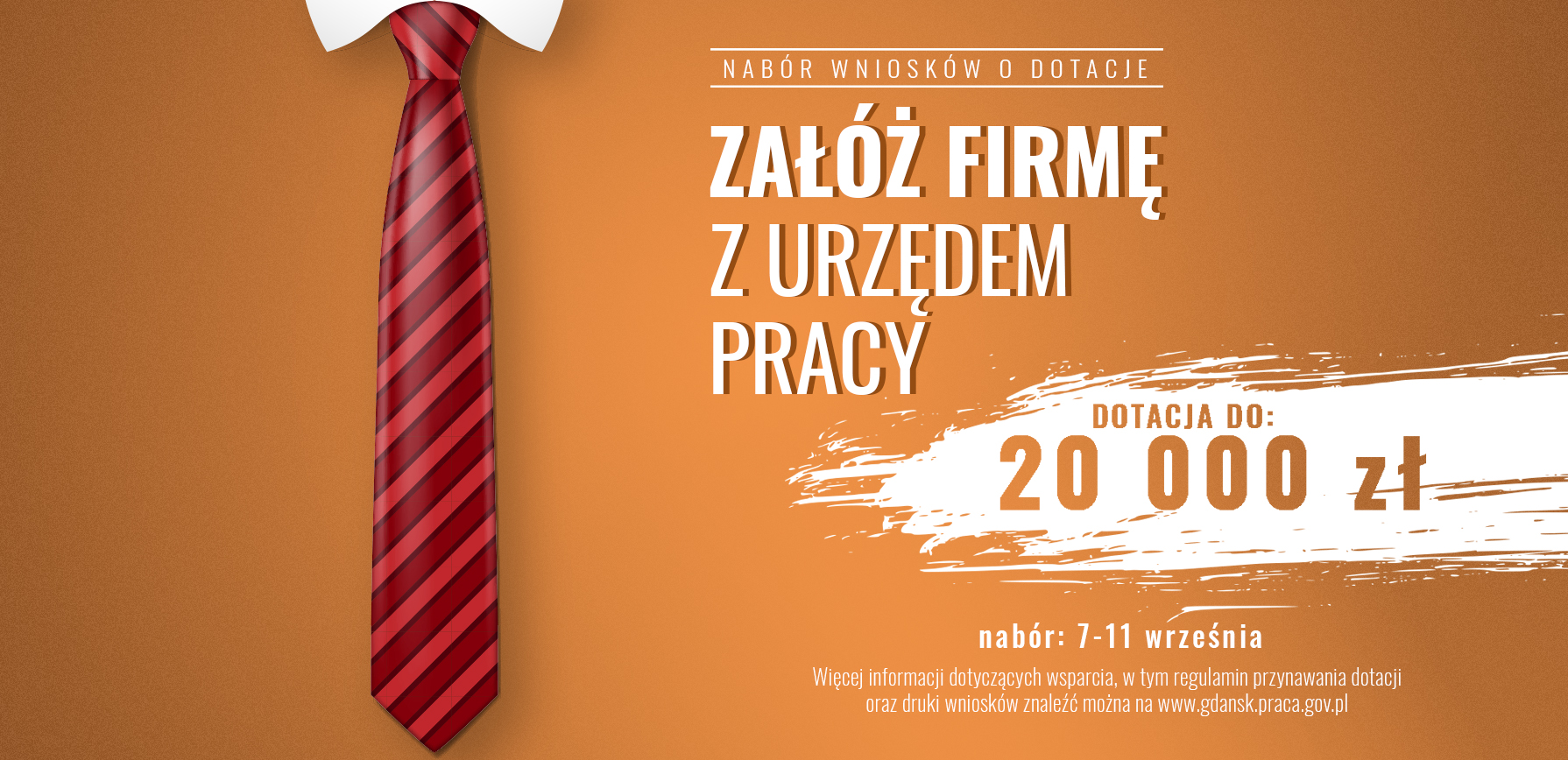 Na zdjęciu graficzne przedstawienie zawiązanego krawata obok napis załóż firmę z urzędem pracy