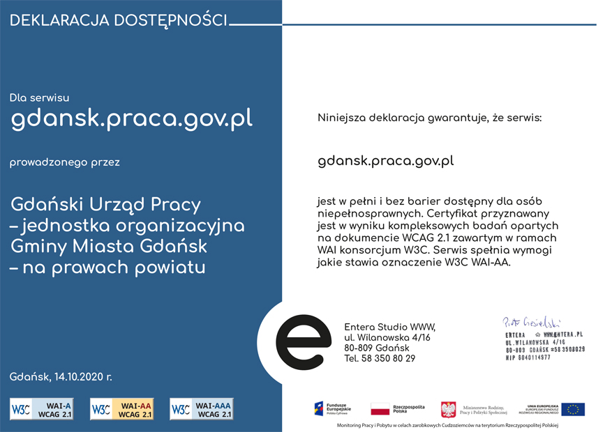 Na zdjęciu treść certyfikatu deklaracji dostępności strony internetowej Gdańskiego Urzędu Pracy stwierdzającego jej dostępność dla osób niepełnosprawnych
