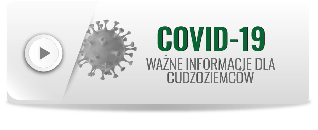 Na zdjęciu widnieje grafika przedstawiająca symbol wirusa oraz tekst ważne informacje dla cudzoziemców podczas COVID19
