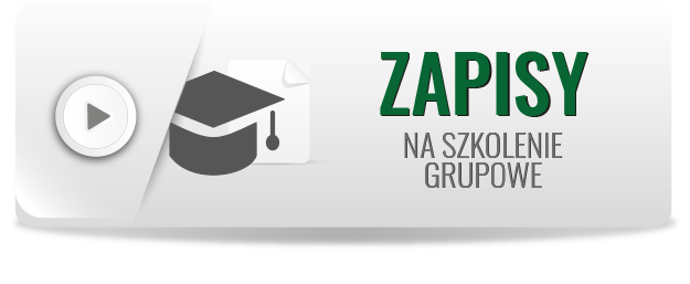 Na zdjęciu widoczny jest szary przycisk a na nim graficzny symbol kartki papieru, studenckiej czapki oraz napis zapisy na szkolenia grupowe