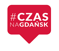 Na zdjęciu czerwona naklejka promocyjna akcje, w środku napis Czas na Gdańsk