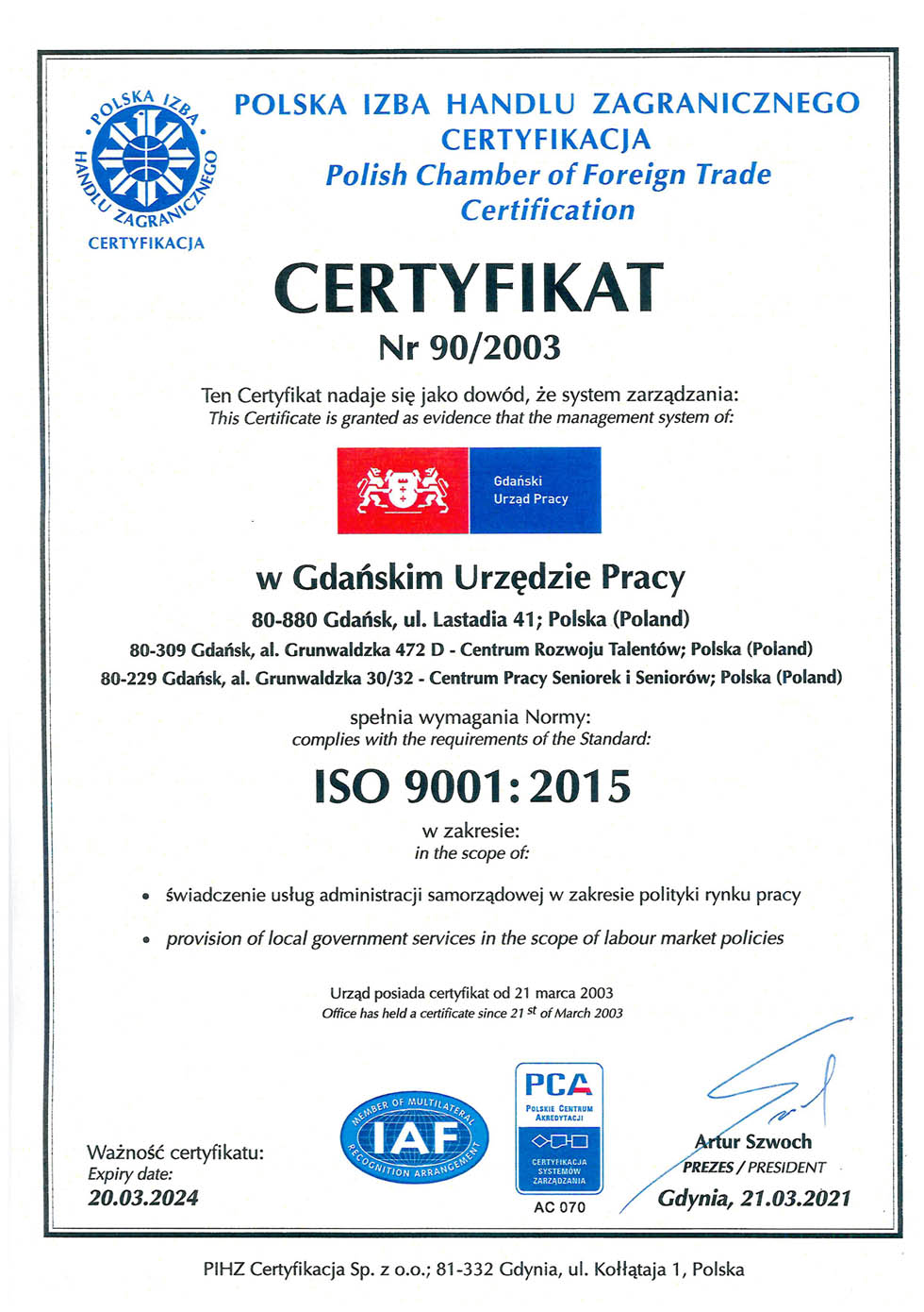 Na zdjęciu certyfikat Jakości ISO 9001:2015 Gdańskiego Urzędu Pracy