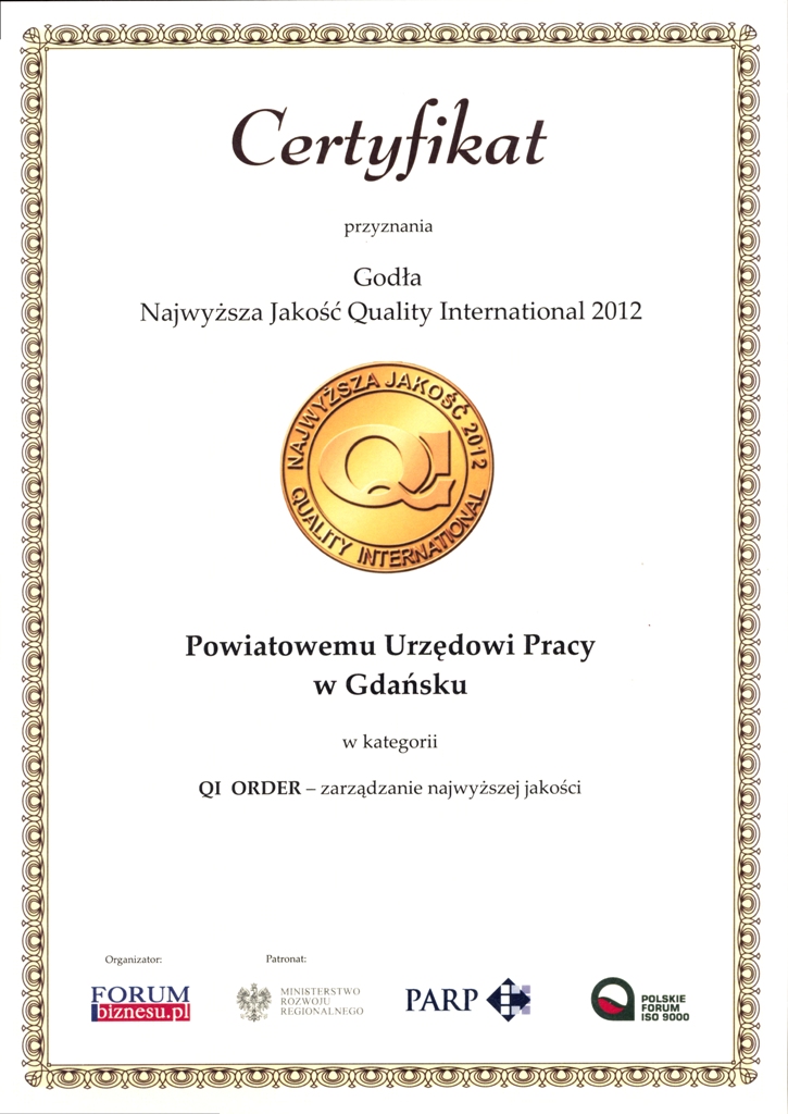 Na zdjeciu dyplom Quality International za rok 2013