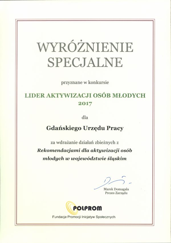 Na zdjęciu dyplom wyróżnienie specjalne w konkursie Lider Aktywizacji Osób Młodych