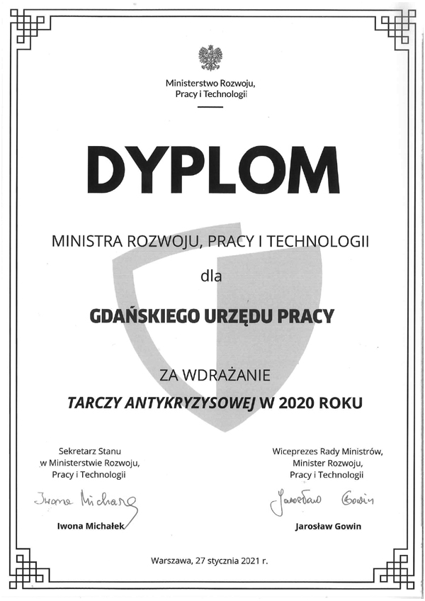 Na zdjęciu Dyplom gratulacyjny dla Gdańskiego Urzędu Pracy za wdrażanie rozwiązań Tarczy antykryzysowej
