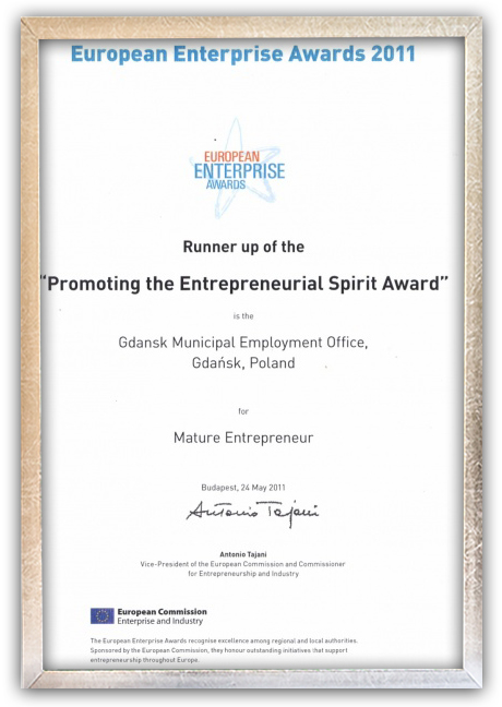 Dyplom za zajęcie drugiego miejsca w konkursie Europejska Nagroda Przedsiębiorczości