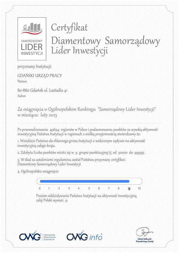 Certyfikat Samorządowy Lider Inwestycji