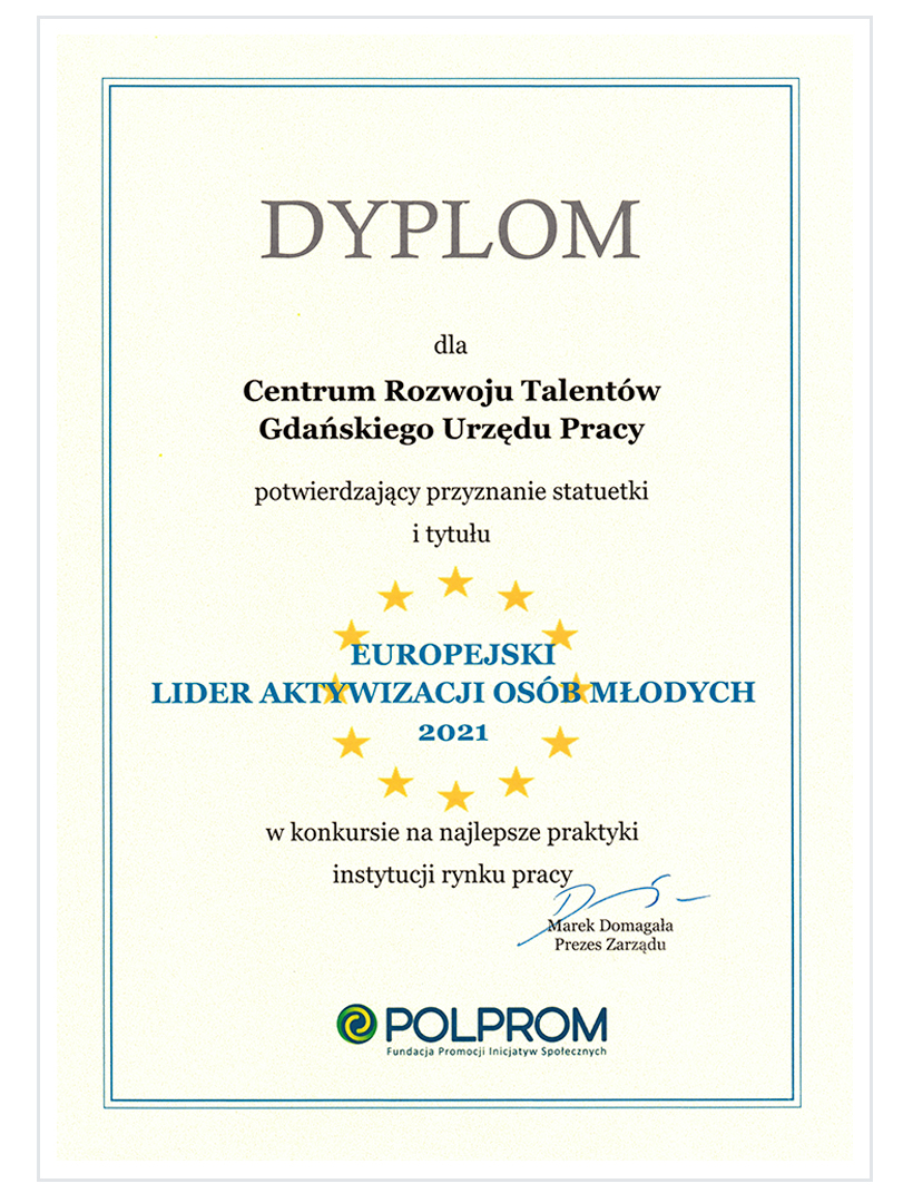 Na zdjęciu dyplom europejski lider aktywizacji osób młodych