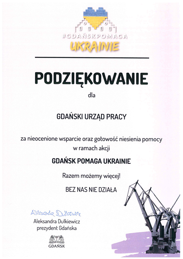 Podziękowanie dla urzędu pracy za udział w akcji Gdańsk Pomaga Ukrainie