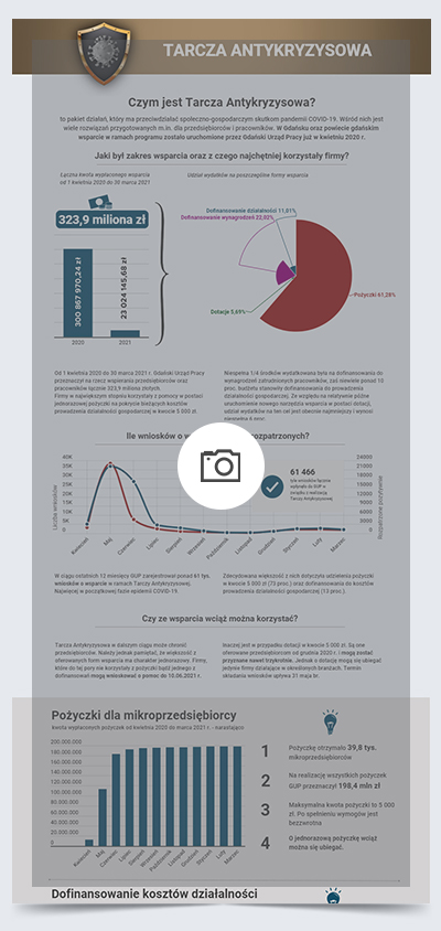 Na zdj. mockup infografiki z danymi statystycznymi dotyczącymi wsparcia udzielnego w ramach Tarczy Antykryzysowej