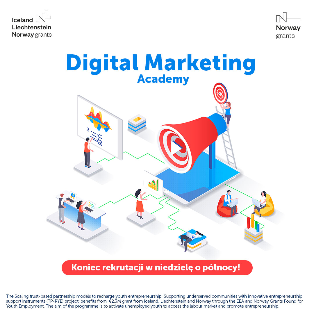 Na banerze widoczne są grafiki związane z programem Digital Marketing Academy.