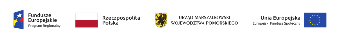 Na zdjęciu widoczne są logotypy Europejskiego Funduszu Społecznego Urzędu Marszałkowskiego Województwa Pomorskiego a także flagi Polski i Unii Europejskiej