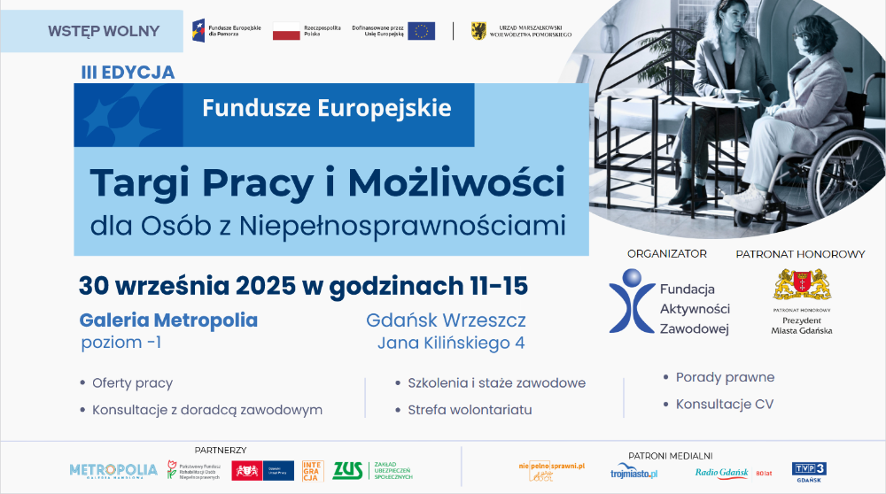 Plakat promujący III Targi Pracy i Możliwości dla osób z Niepełnosprawnościami. na plakacie znajdują się informacje nt. wydarzenia oraz logotypy partnerów