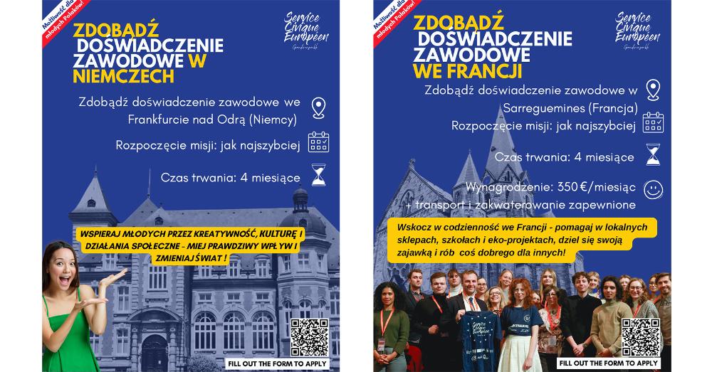 Plakaty promujące udział osób młodych w projekcie ALMA - zdobądź doświadczenie zawodowe we Francji i w Niemczech